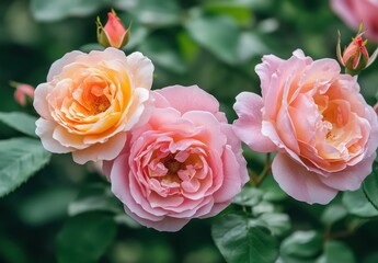 Beautiful Blossoming Pink Roses with Delicate Petals and Green Background Captured in Soft Natural Light