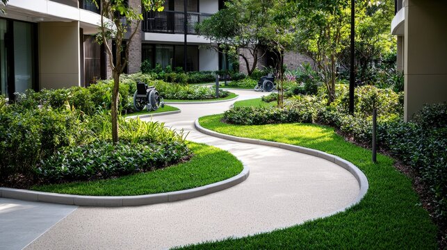 A winding accessible pathway meanders through a lush garden, providing a serene and wheelchair-friendly environment for residents of an assisted living facility.