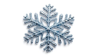 A light-blue, sparkly snowflake ornament isolated on white