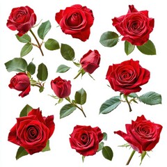 Fototapeta premium Beautiful Collection of Red Roses in Various Arrangements with Vibrant Green Leaves Isolated on White Background for Floral Design and Decorations