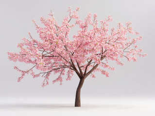 Beautiful blooming cherry blossom tree with vibrant pink flowers on sturdy brown trunk isolated on white background