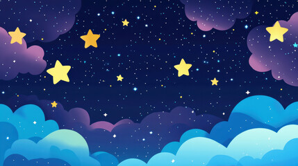 Colorful Night Sky with Bright Stars and Fluffy Clouds Creating a Magical Nighttime Scene with a Deep Blue Background and Sparkling Stars