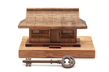 Fototapeta premium The Key to Home A Vintage-Inspired Wooden House Model