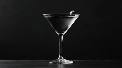 Elegant martini glass with olive, dramatic black backdrop.