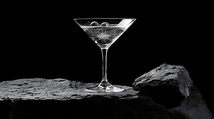 Elegant martini glass with ice on dark stone.