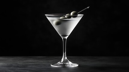 Elegant martini glass garnished with olives on a dark surface.