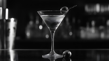 Monochromatic cocktail glass on a bar.