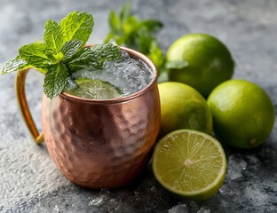 A copper mug with lime and mint on top, a mojito cocktail in the cup, decorated limes around, ice cubes, and a grey background