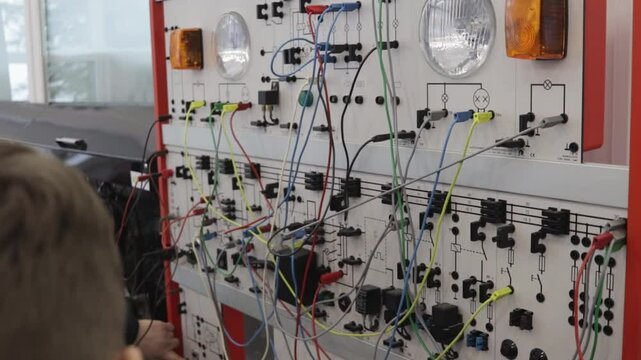 A stand for studying electrical engineering or automation for a car. The stand contains connection diagrams and sockets for connecting various elements.
