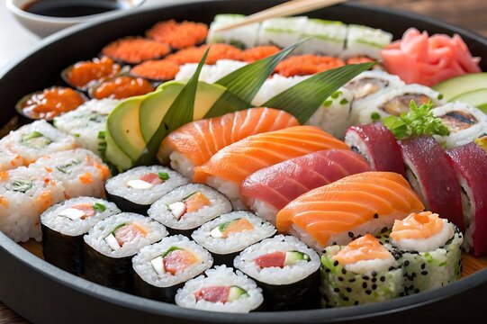 A large platter filled with a colorful assortment of sushi rolls and sashimi. - Powered by Adobe