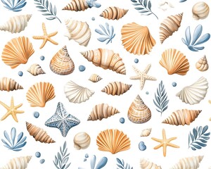 Obraz premium Seashells, starfish, and leaves pattern on white