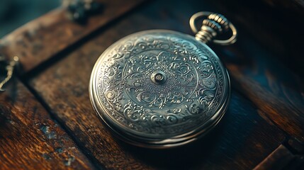 Close-up of an antique pocket watch on wooden surface.