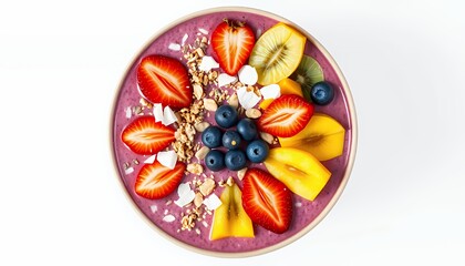 Fototapeta premium Overhead Close Up of Colorful Smoothie Bowl with Strawberries Blueberries Kiwi and Mango on White
