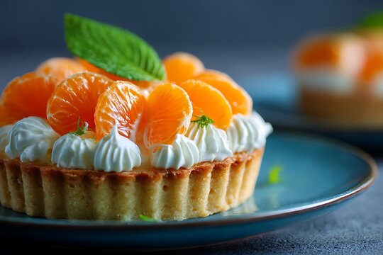 A delectable mini orange tartlet with cream, topped with a juicy slice of tangerine and a mint leaf