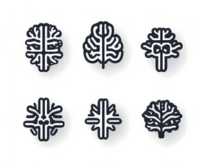 Six stylized brain illustrations;  various views, line art, shadow effects