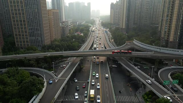 traffic in the city of Chengdu, China, Drone shot 4K, topshot, aerial