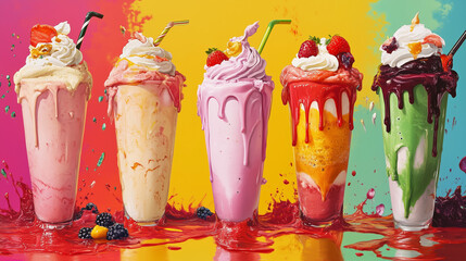 Different sweet delicious freak loaded shakes isolated on colorful vibrant background