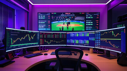 This high-resolution image captures a modern, high-tech trading room setup that doubles as a gaming workstation. The sleek black desk features four curved monitors