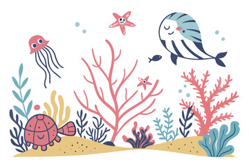 76 Colorful coral reef illustrations, vibrant sea life icons, underwater ecosystem elements, cartoon ocean plants, diverse marine vegetation, whimsical aquatic flora, stylized seaweed and algae, tropi
