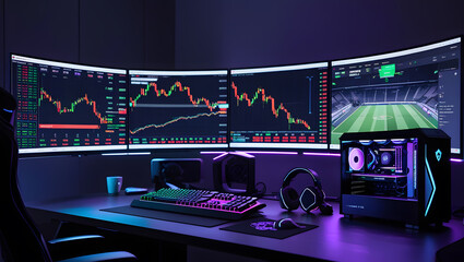 This high-resolution image captures a modern, high-tech trading room setup that doubles as a gaming workstation. The sleek black desk features four curved monitors