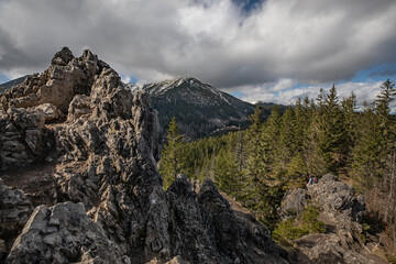 Zakopane, Polska – Kwiecień 2025: Turyści podziwiają panoramę z wierzchołka Gęsiej Szyi w Tatrzańskim Parku Narodowym. Malowniczy krajobraz górski z widocznymi skałami, świerkowym lasem i zaśnieżonymi © Евгений Патрахин