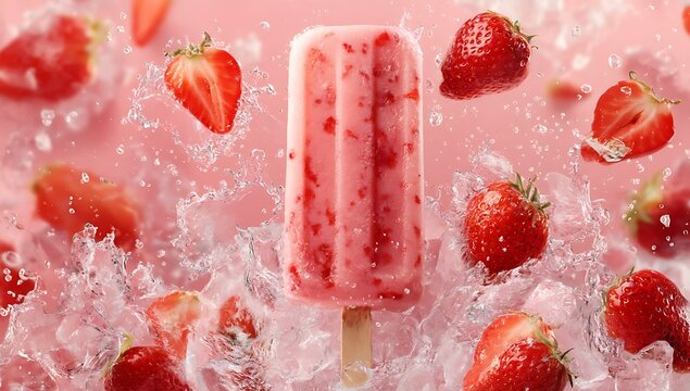 A delicious strawberry popsicle surrounded by fresh strawberries, on an icy background with splashes of pink