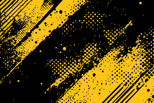 Abstract yellow and black grunge vector background. Dynamic design features distressed paint strokes, halftone dots, splatters, and diagonal lines, creating an energetic and edgy textured effect.