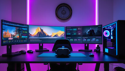 This high-resolution image captures a modern, high-tech trading room setup that doubles as a gaming workstation. The sleek black desk features four curved monitors