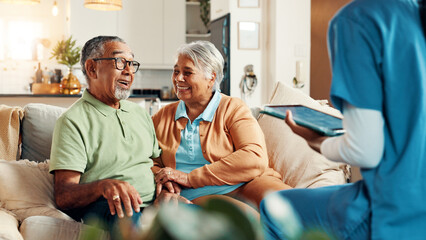 Fototapeta premium Nurse, senior couple and tablet in retirement for report with medical results, feedback or happy for good news. Caregiver, elderly man and woman with digital touchscreen, app or consultation in home