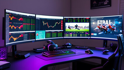This high-resolution image captures a modern, high-tech trading room setup that doubles as a gaming workstation. The sleek black desk features four curved monitors