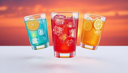 Obraz premium Refreshing Drinks with Ice and Citrus Fruits Against a Warm Sunset Background Colorful Cocktails in Clear Glasses
