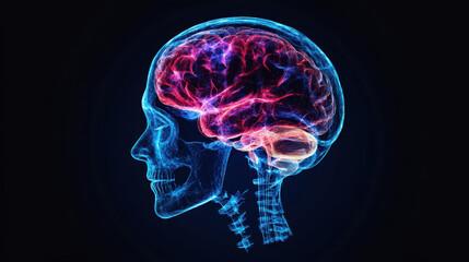 Highly detailed digital illustration of a human brain and skull viewed in profile showing vibrant neural networks and brain activity in a glowing artistic style