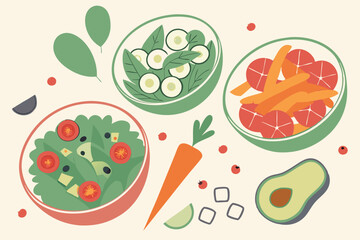 77 Colorful salad bowls, vibrant fresh vegetables, healthy food illustration, cartoon style, top-down view, variety of ingredients, crisp greens, juicy tomatoes, crunchy carrots, assorted fruits, nutr