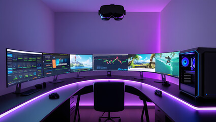 This high-resolution image captures a modern, high-tech trading room setup that doubles as a gaming workstation. The sleek black desk features four curved monitors