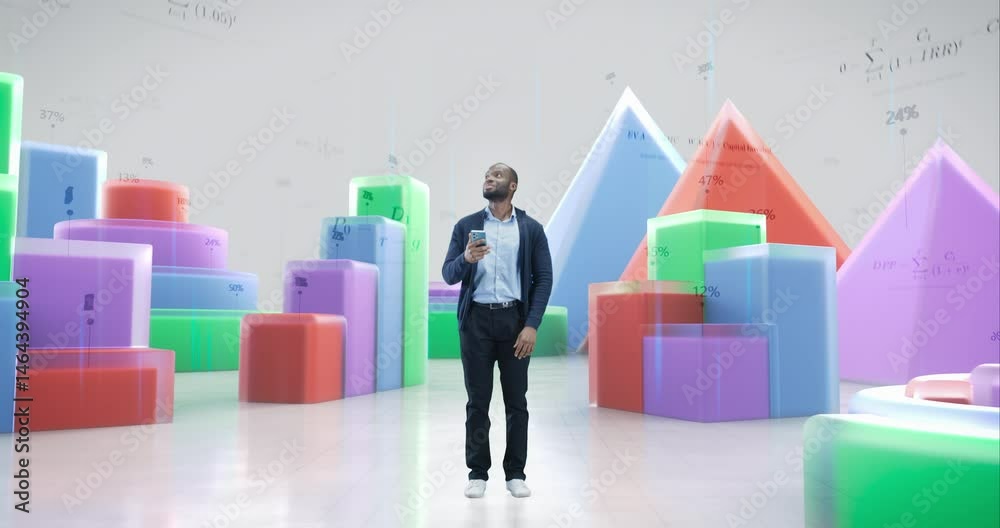 Aufkleber African American Man Using Smartphone to Launch a Virtual Reality Business Analytics Space. Black Male is Surrounded by Dynamic 3D Reports, Colorful Data Visualizations and Digital Charts