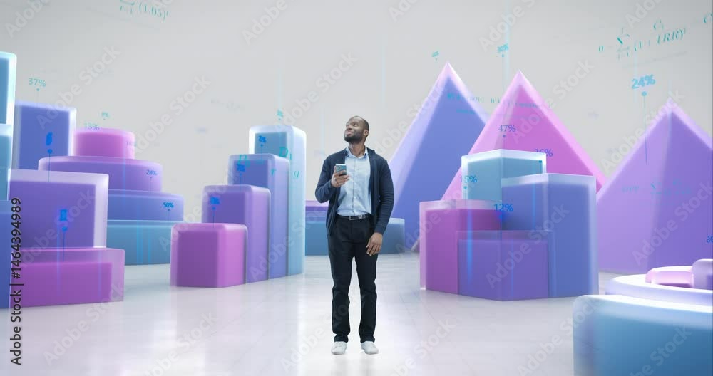 Poster black male taps on a smartphone to explore a digital world with animated data representing analytica