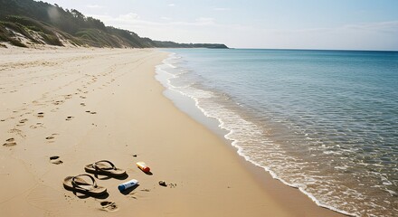 Relaxing Beach Scene with Sand, Water and Sunscreen on a Sunny Day