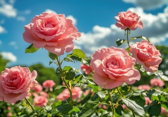Fototapeta premium Beautiful pink roses in lush garden under bright blue sky with fluffy clouds showcasing nature's vibrant colors and blooming flora in the spring season