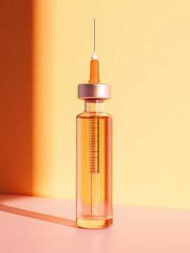 Clear glass sye with orange liquid and a needle on a pastel yellow and orange background, medical treatment or vaccination concept with minimal style