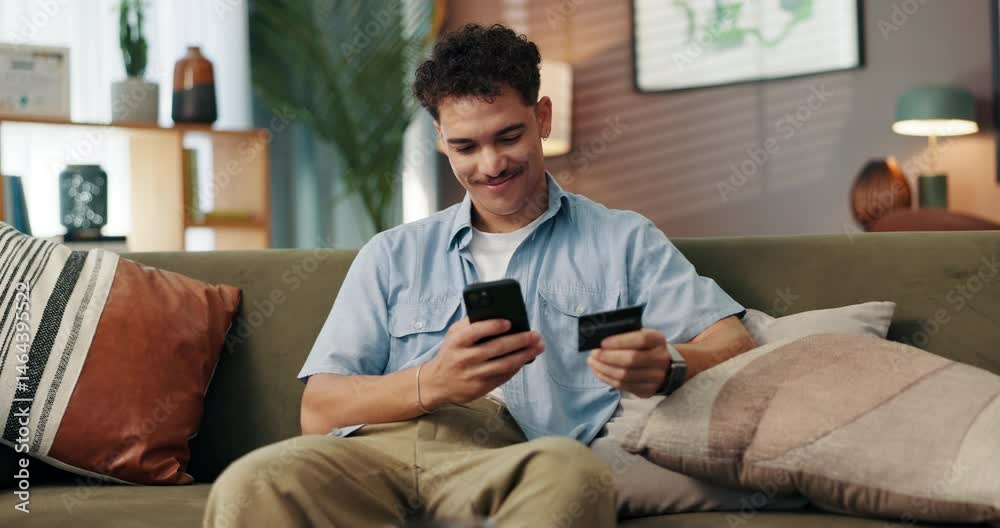 Poster man, phone and credit card on sofa, online shopping and easy payment with mobile app for deal on web