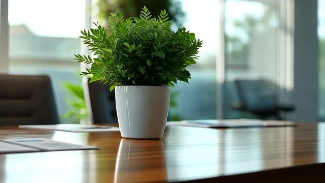 Close-up of a small potted green plant on a polished wooden conference table, with blurred office chairs and large windows in the background. Documents are spread on the table