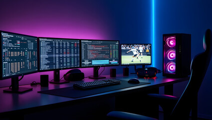 This high-resolution image captures a modern, high-tech trading room setup that doubles as a gaming workstation. The sleek black desk features four curved monitors