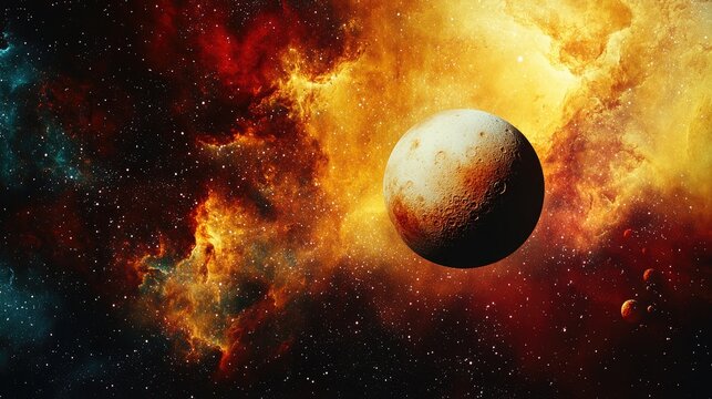 A stunning celestial scene featuring a detailed moon against a vibrant cosmic background of swirling colors and stars. ideal for astronomy enthusiasts and space-themed projects