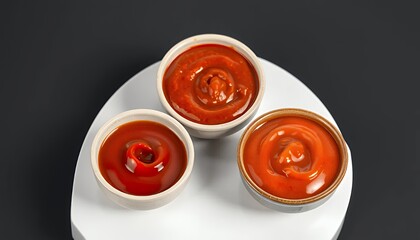 Three Small Ceramic Bowls Filled with Red Sauce Displayed on a White Platform with Light to Dark Gray Background