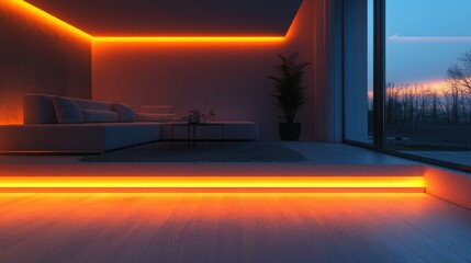 Modern living room sunset view, orange LED lighting