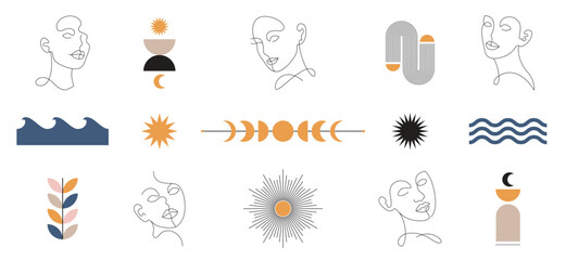 retro mid century modern clipart set, boho vector illustration, abstract minimalist design with geometric shapes, boho elements and line art faces, simple woman portrait, sun, moon, sea waves	