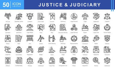 Justice & Judiciary icon set featuring icons for court proceedings, legal rights, litigation, and legal documentation. Perfect for law firms, legal education, and justice-related applications.