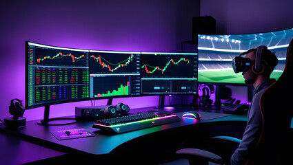 This high-resolution image captures a modern, high-tech trading room setup that doubles as a gaming workstation. The sleek black desk features four curved monitors