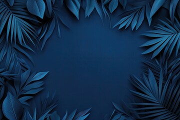 A serene composition of dark blue tropical leaves framing a blank space. ideal for text overlays or backgrounds in nature-themed designs or invitations