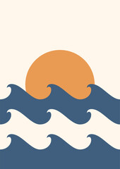 retro mid century modern geommetric illustration of the sun and sea waves, summer abstract A3 poster print design	